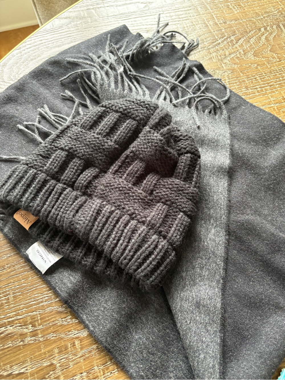 Vince two toned scarf and dark grey cable beanie